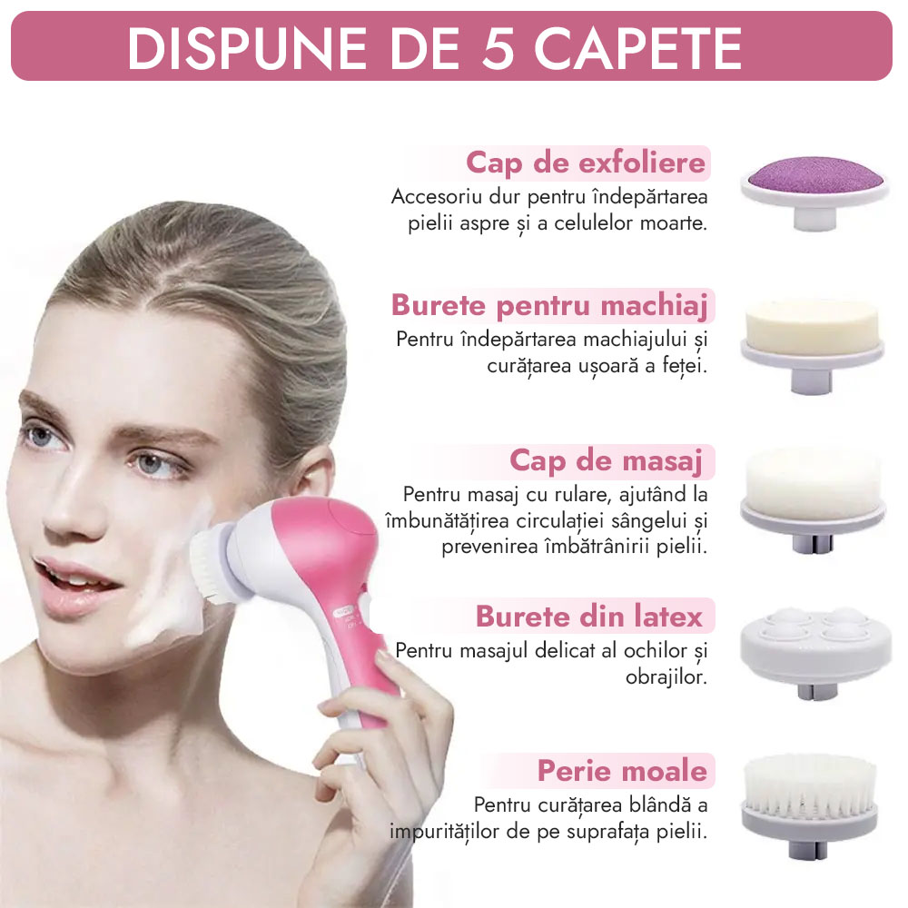 Perie Facială De Curățare, 5 în 1, Rezistent la Apă, 5 Capete De Periere sau Exfoliere - imagine 5